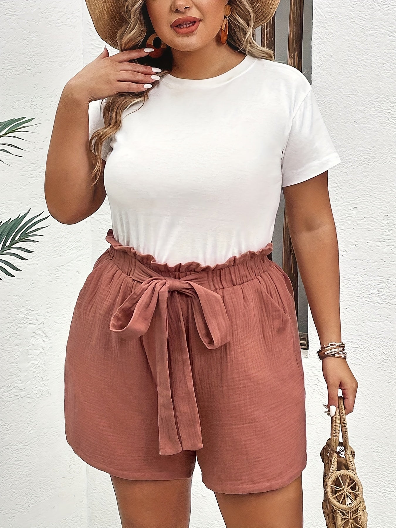 Casual Shorts Women's Plus Solid Paperbag Waist Belted Loose Shorts