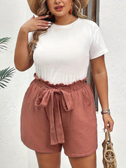 Casual Shorts Women's Plus Solid Paperbag Waist Belted Loose Shorts