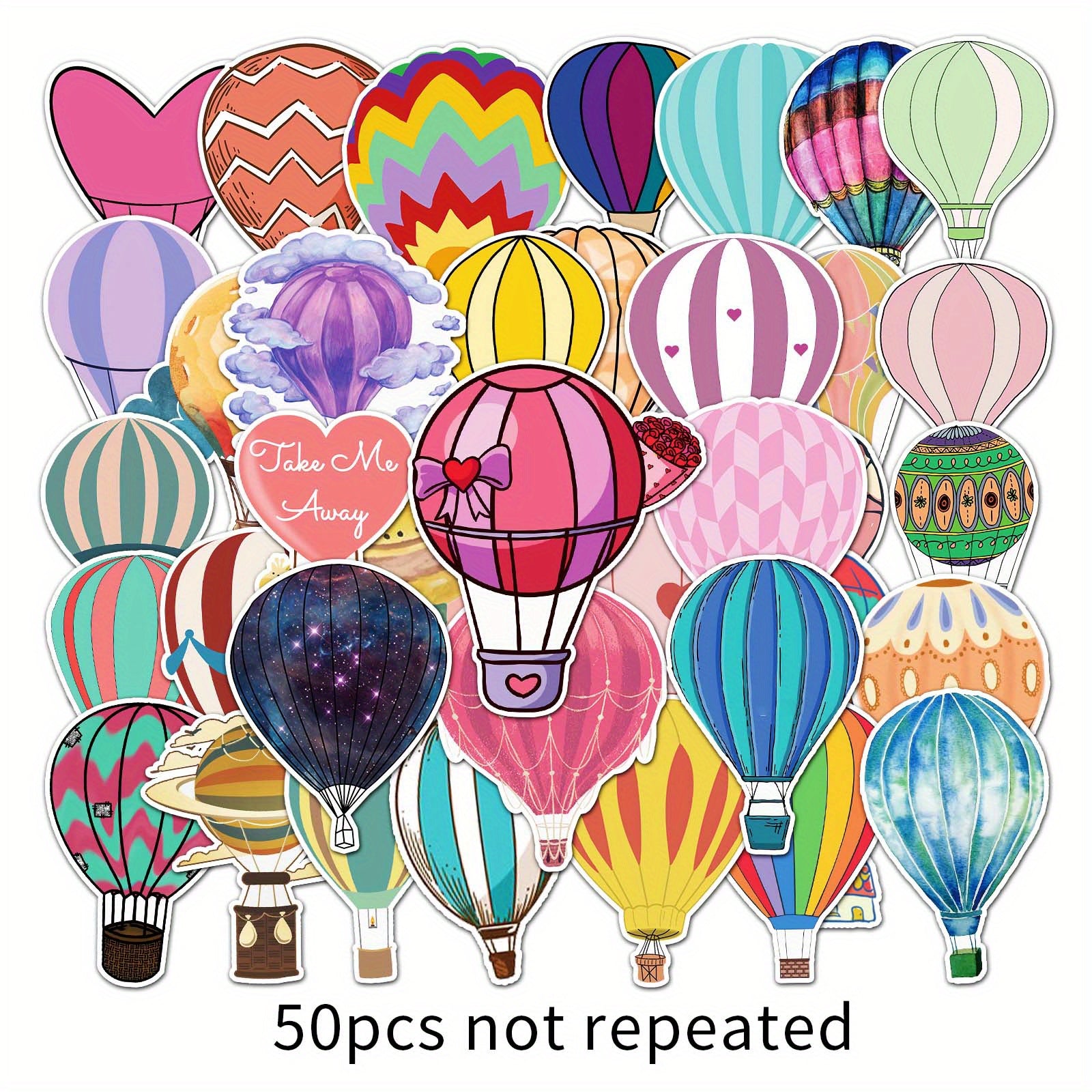 50 Colorful Hot Air Balloon Stickers for Water Bottles & Laptops