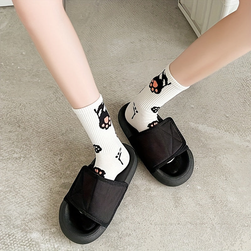 6 Pairs Cartoon Cat Print Socks Women's Mid Tube Stockings