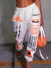 Letter & Lips Print Pants Casual Sporty Elastic Waist Pants
