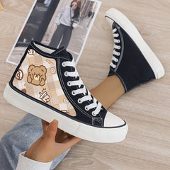 Bear Print Plush Lined Thermal Chunky Canvas Sneakers Flat Heighten