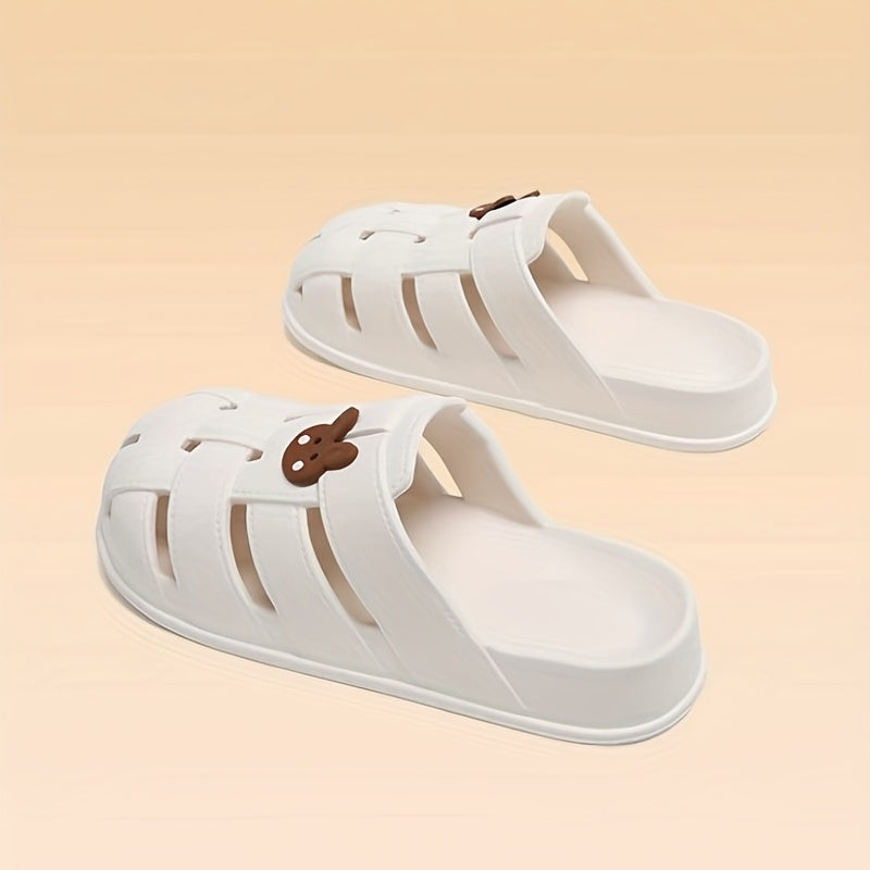 Flat Slide Sandals Bear Decor Slip On Shoes Closed Toe Hollow Out Slides