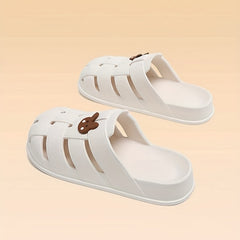 Flat Slide Sandals Bear Decor Slip On Shoes Closed Toe Hollow Out Slides