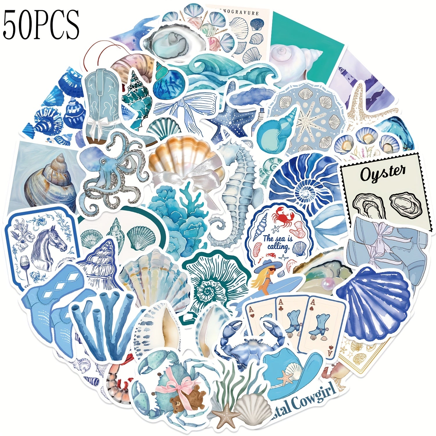 50pcs Coastal Girl Vinyl Stickers - Ocean & Marine Themed Decals