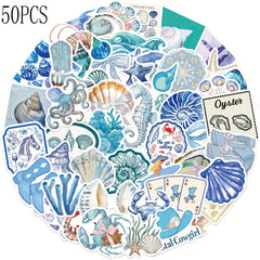 50pcs Coastal Girl Vinyl Stickers - Ocean & Marine Themed Decals
