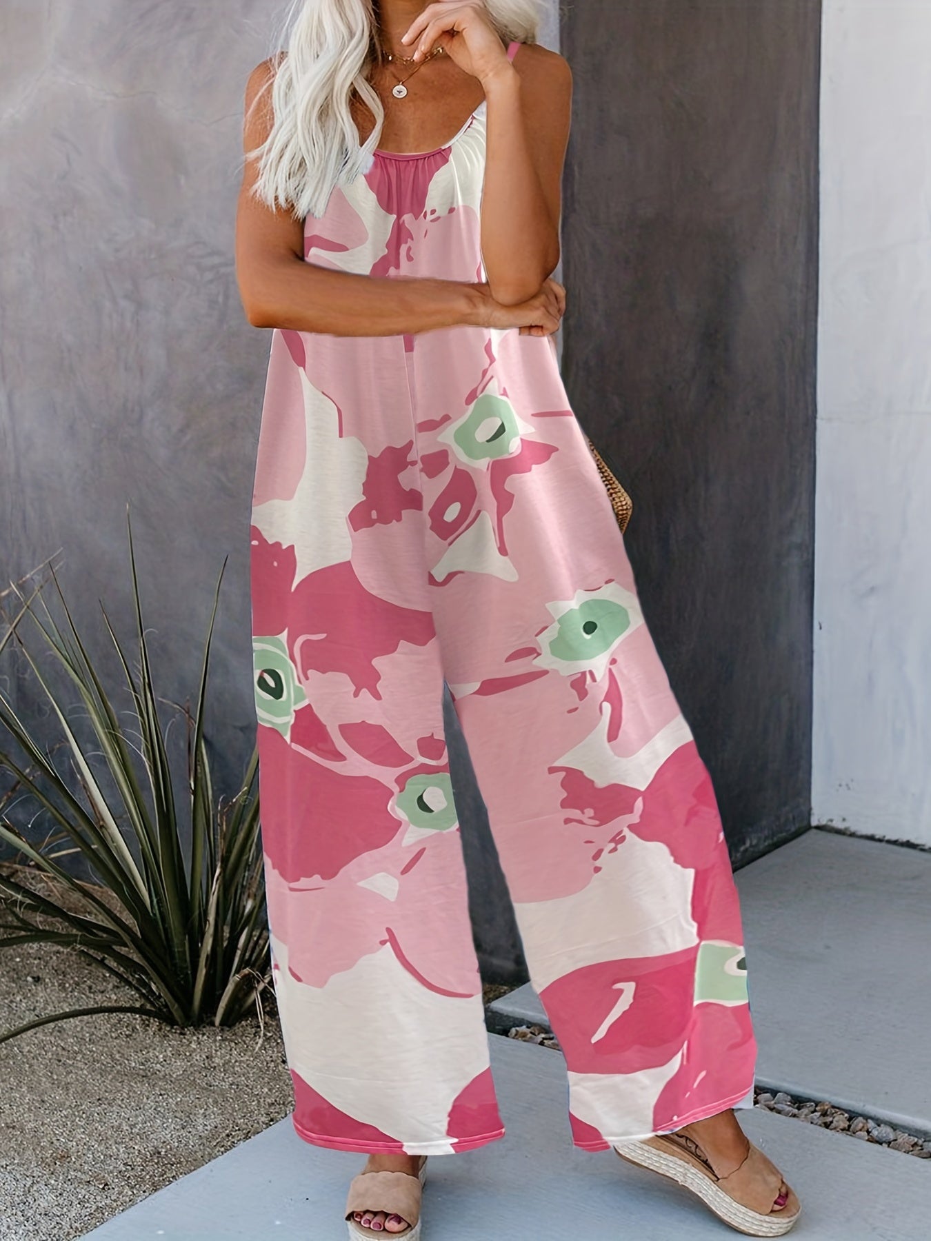 Boho Tie Dye Spaghetti Jumpsuit Vacation Sleeveless Wide Leg Summer Jumpsuit