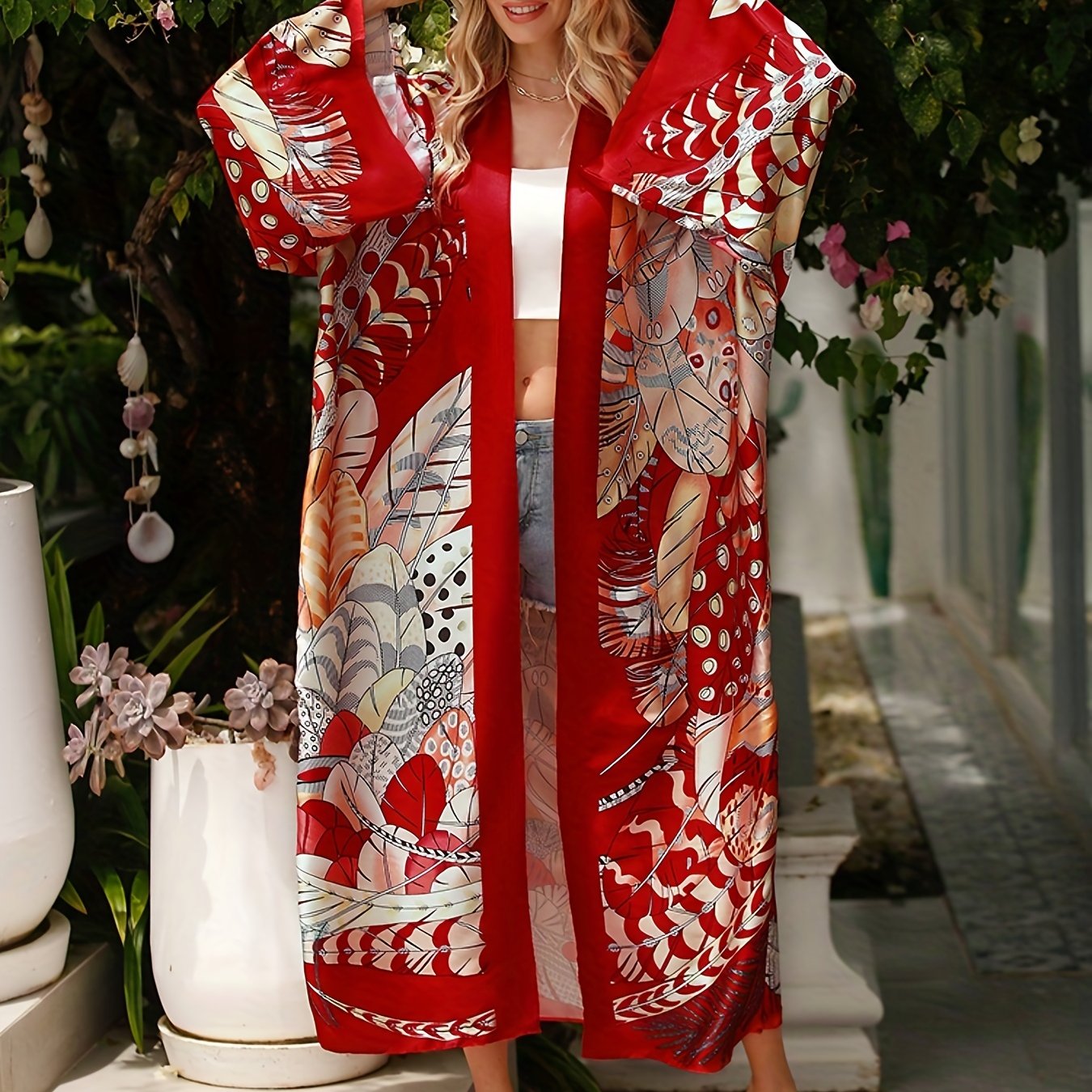 Boho Kimono Women's Plus Leaf Print Long Sleeve Beach Cover Up