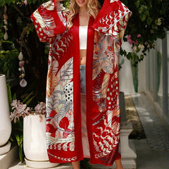 Boho Kimono Women's Plus Leaf Print Long Sleeve Beach Cover Up