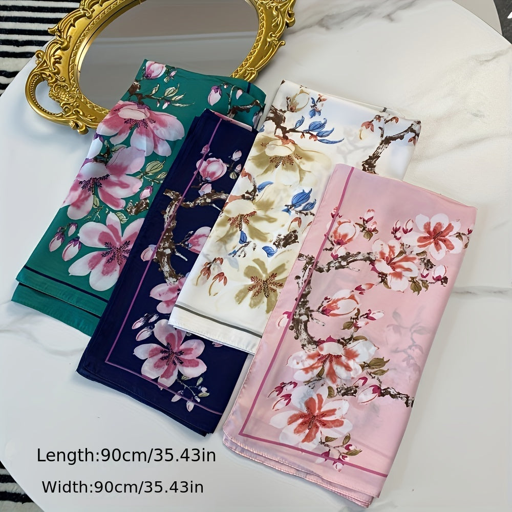 Peach Blossom Print Silk Bandana Satin Scarf for Women