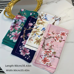 Peach Blossom Print Silk Bandana Satin Scarf for Women