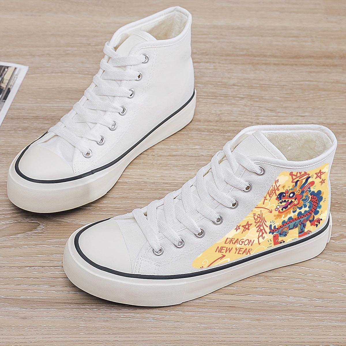 Dragon Print Plush Lined Thermal Chunky Canvas Sneakers