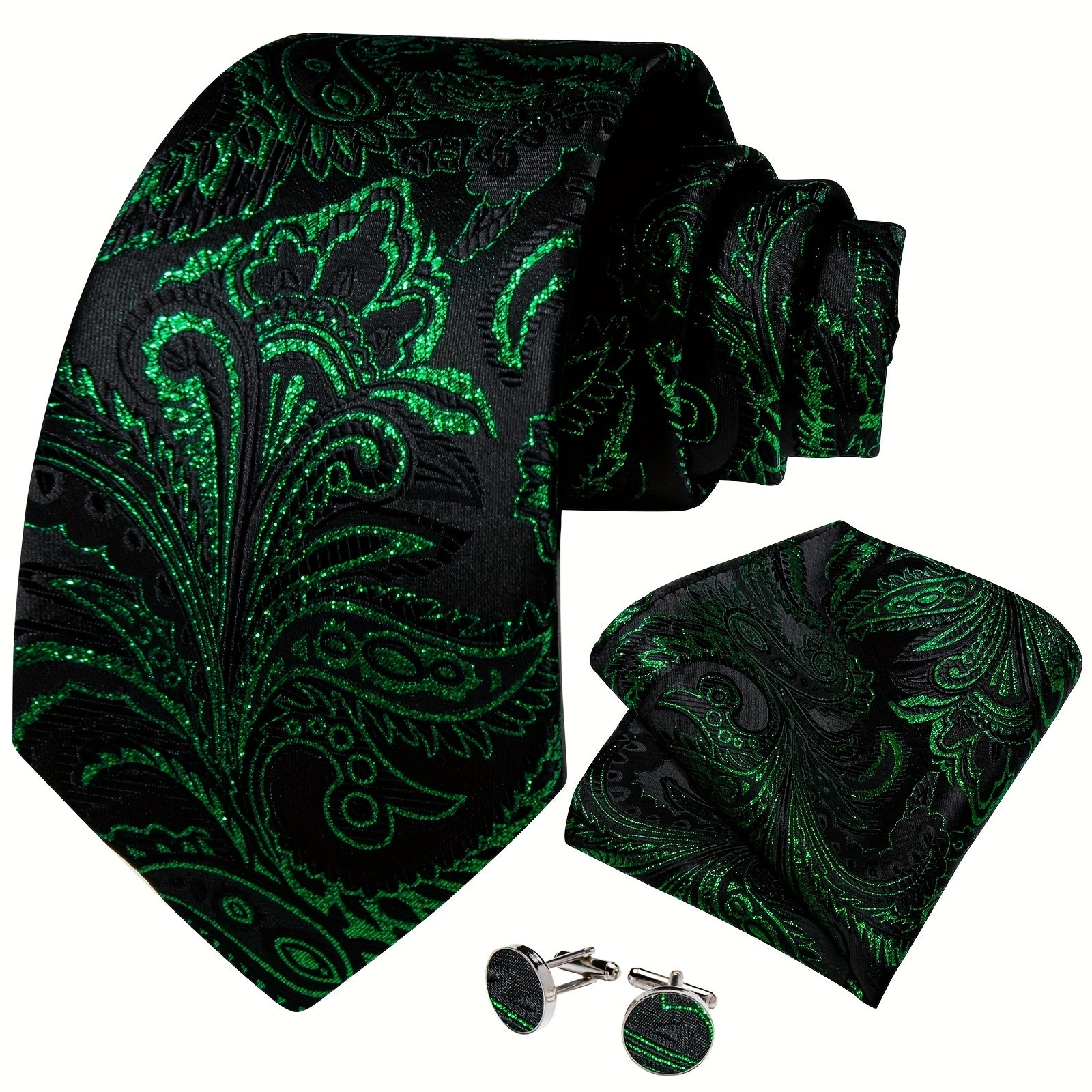 Men's Green Paisley Striped Silk Woven Necktie Set