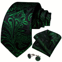 Men's Green Paisley Striped Silk Woven Necktie Set