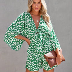 Flared Sleeve Romper V Neck Casual All-over Print Knotted