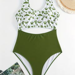 Sexy Mushroom Print Cut Out One Piece Swimsuit
