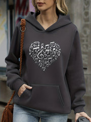 Heart Print Kangaroo Pocket Hoodie Women's Sweatshirt