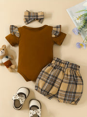 Baby Girls Plaid Bear T shirt & Bow Shorts Set