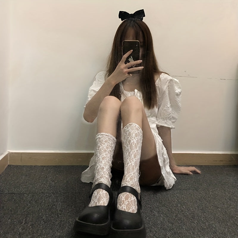 Floral Lace Mesh Calf Socks Lolita Hollow Out Knee High Socks Women's Stockings
