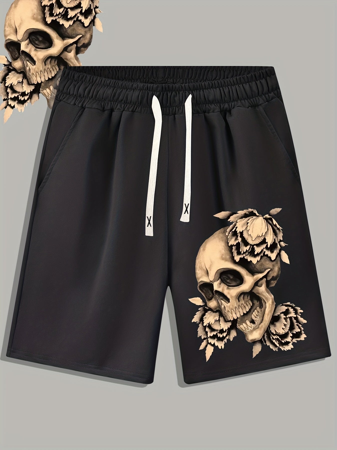 Skull & Flower Print Men's Casual Drawstring Shorts
