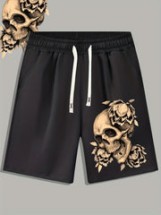 Skull & Flower Print Men's Casual Drawstring Shorts