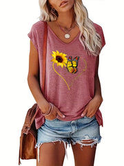 Sunflower & Butterfly Print Cap Sleeve Top V Neck Summer Top