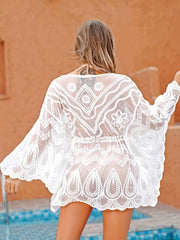 Sheer Cover Up Dress V Neck Cinched Waist Long Sleeves Beachwear