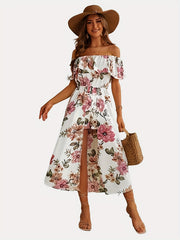 Floral Print Off Shoulder Romper Boho Short Sleeve Romper