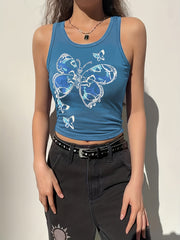 Y2K Butterfly Print Crop Tank Top Sleeveless Summer Shirt