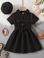 2pcs Toddler Girls Button Flap Shirt Dress & Hat Set Kids Summer Clothes