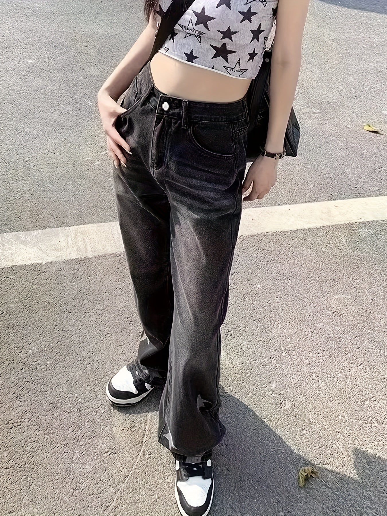 High Rise Straight Leg Jeans Dark Grey Y2K Style Denim Pants