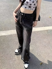 High Rise Straight Leg Jeans Dark Grey Y2K Style Denim Pants