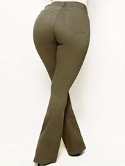 Olive Green Bootcut Jeans High Stretch Mid Waist Solid Bell Bottoms