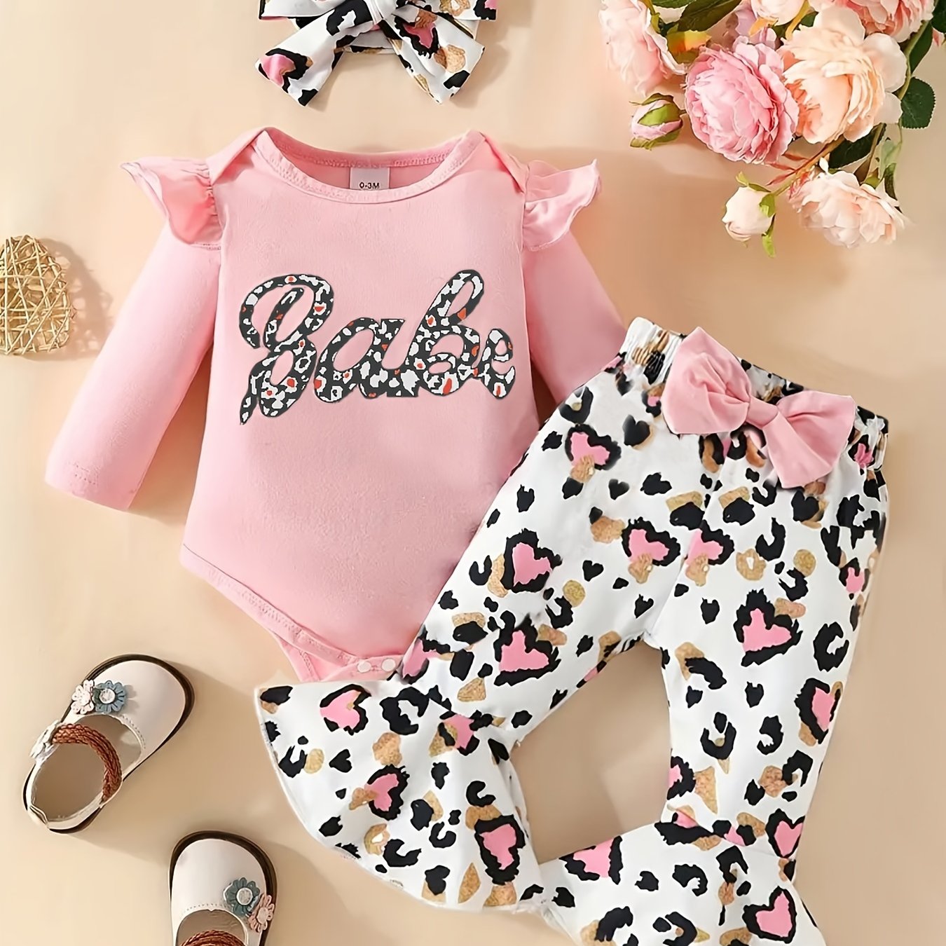 3pcs Baby Girls Letter Print Onesie Romper & Leopard Print Pants Set
