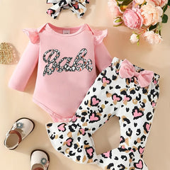 3pcs Baby Girls Letter Print Onesie Romper & Leopard Print Pants Set
