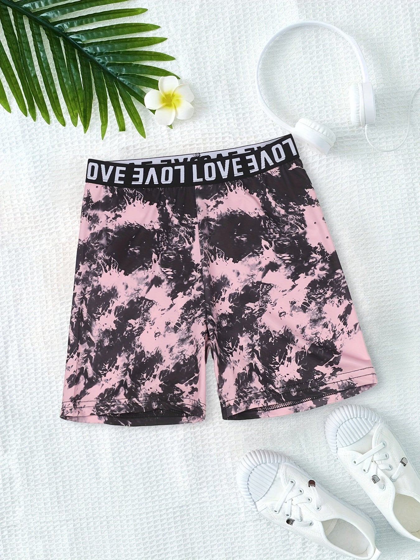 Tie Dye Print Letters Waistband Bike Shorts For Casual Sports