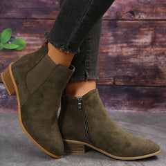 Solid Short Tube Point Toe Faux Leather Zipper Chunky Heel Casual Boots