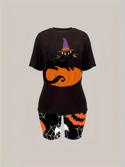 Halloween Cat & Pumpkin Print Tee & Shorts Set