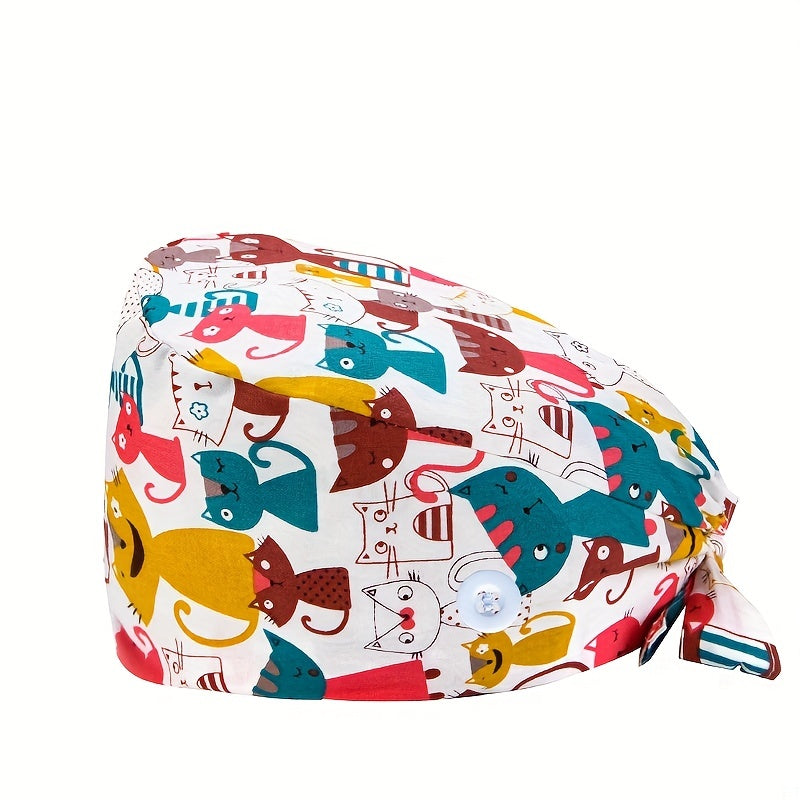Multicolor Cartoon Print Work Cap Nurse Hat Adjustable Scrub Cap