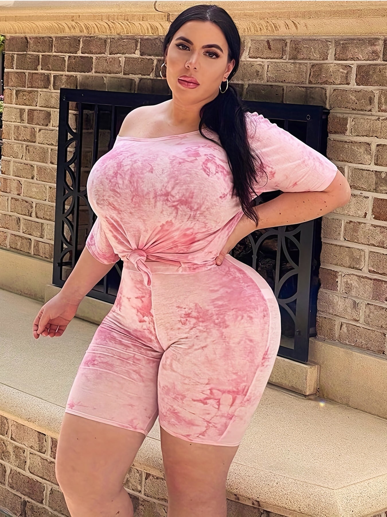 Tie Dye Shoulder Top & Shorts 2 Piece Set