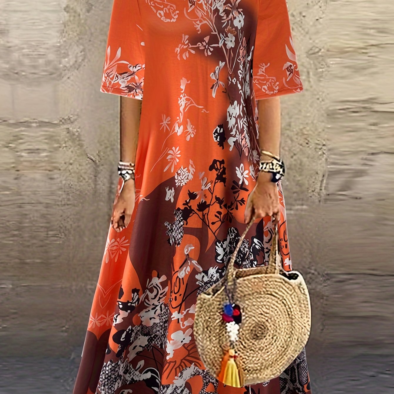 Women's Floral Print Maxi Dress V Neck Half Sleeve Slight Stretch