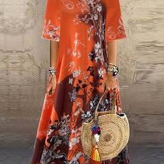 Women's Floral Print Maxi Dress V Neck Half Sleeve Slight Stretch