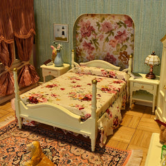 1:12 Vintage Furniture Set Cream/Mahogany Dollhouse Bed Dresser Armoi