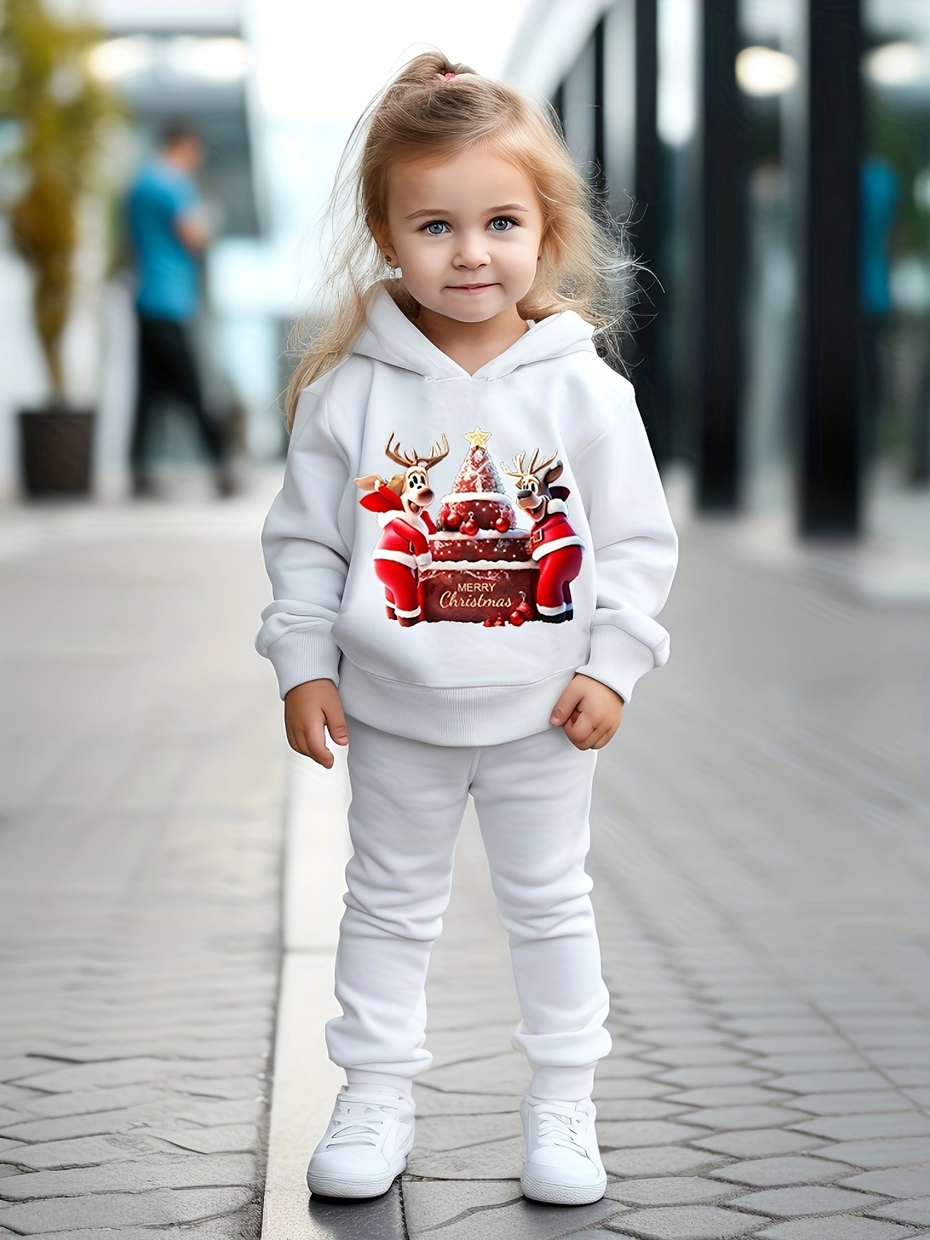Reindeer & Christmas Cake Print Girls Hoodies Jogger Pants Set