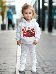 Reindeer & Christmas Cake Print Girls Hoodies Jogger Pants Set
