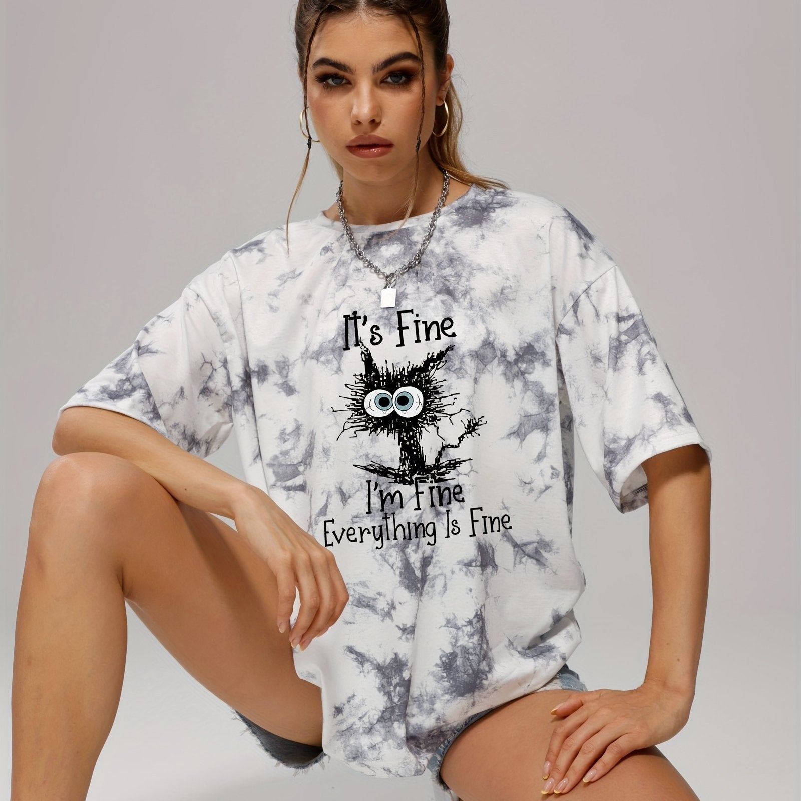 Tie Dye Funny Cat Pattern Casual Sports T-shirts Women's Clothing