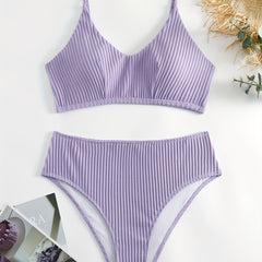 Solid Ribbed V Neck Backless Crop Cami Top & Panty Swimsuit