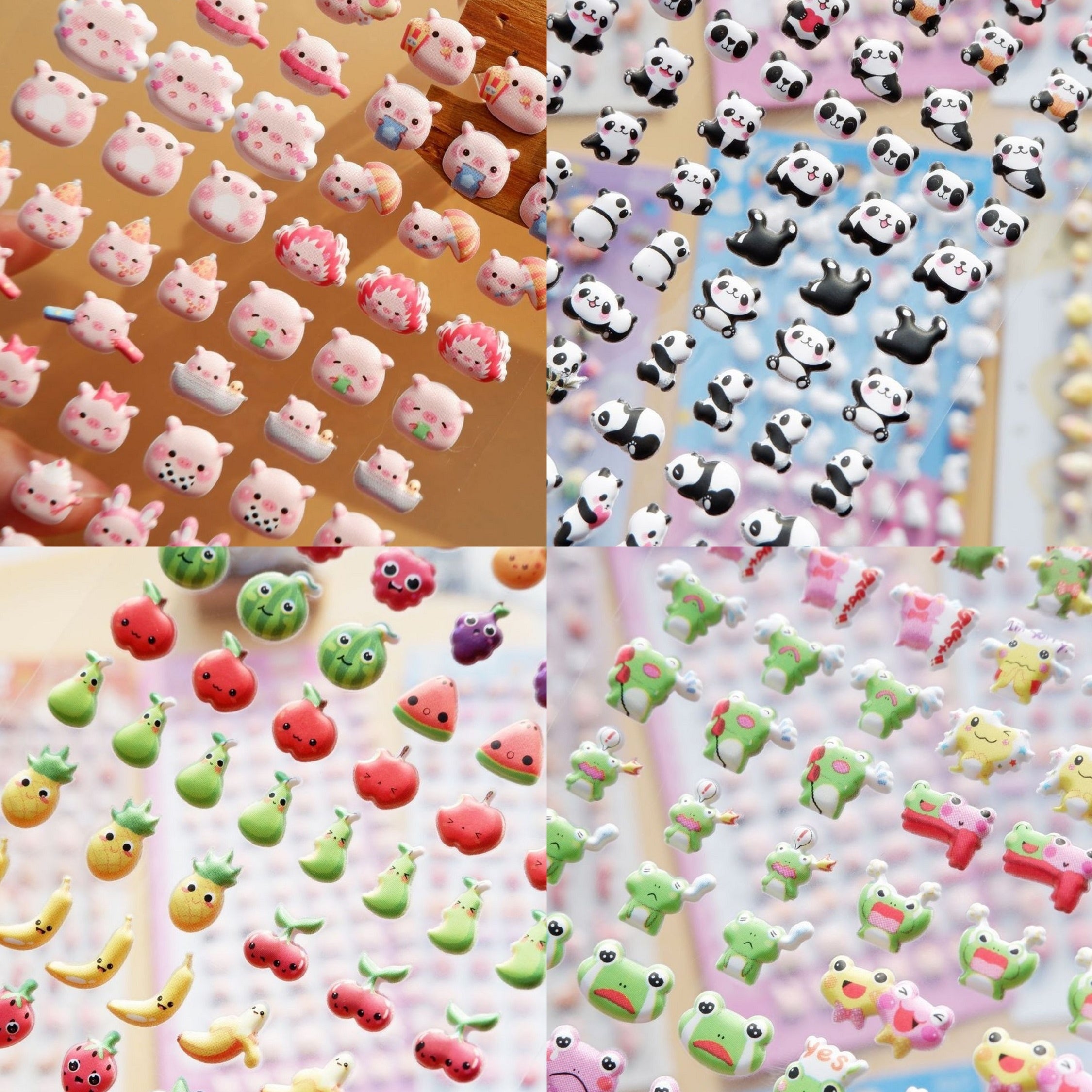 Silly Panda Pig Frog Fruit Bubble Stickers - 3D Cartoon Mini Foam Bean Stickers