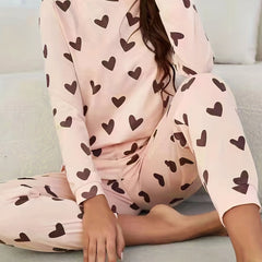 Heart Print Pajama Set Long Sleeve Top & Pants Women's Sleepwear