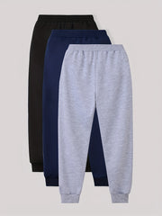 3pcs Boy's Solid Sweatpants Elastic Waist Joggers For Outdoor